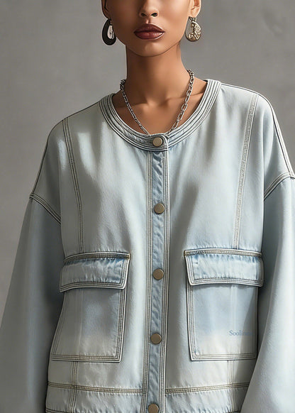 Plus Size Blue O-Neck Pockets Denim Coat Long Sleeve