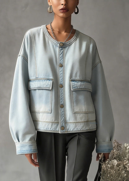 Plus Size Blue O-Neck Pockets Denim Coat Long Sleeve