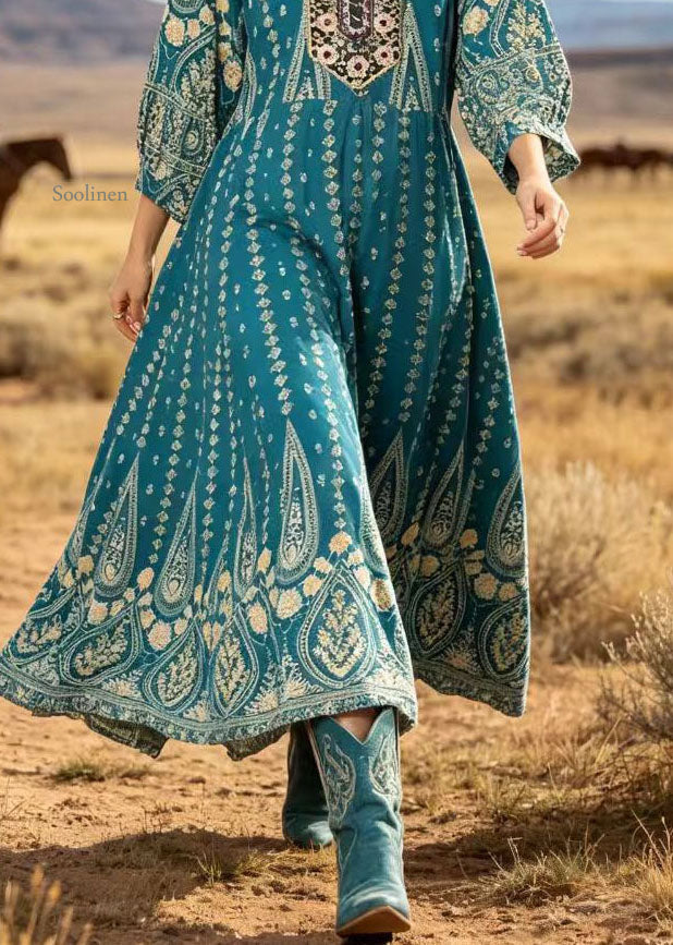 Plus Size Blue O Neck Print Cotton Ankle Dress Summer