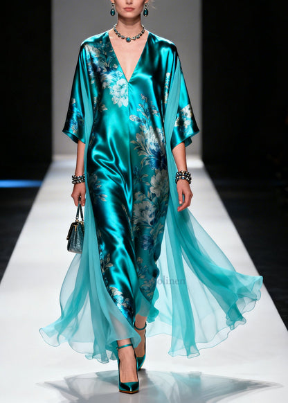 Plus Size Blue Oversized Patchwork Print Silk Holiday Dress Summer
