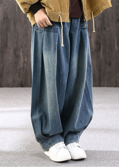 Plus Size Blue Patchwork Pockets Denim Lantern Pants Summer