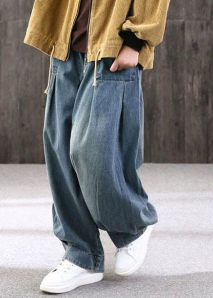 Plus Size Blue Patchwork Pockets Denim Lantern Pants Summer