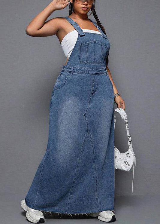 Plus Size Blue Patchwork Pockets Denim Long Spaghetti Strap Dress Summer