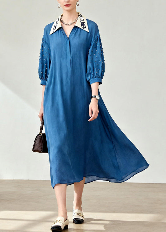 Plus Size Blue Peter Pan Collar Patchwork Long Dress Lanter Sleeve