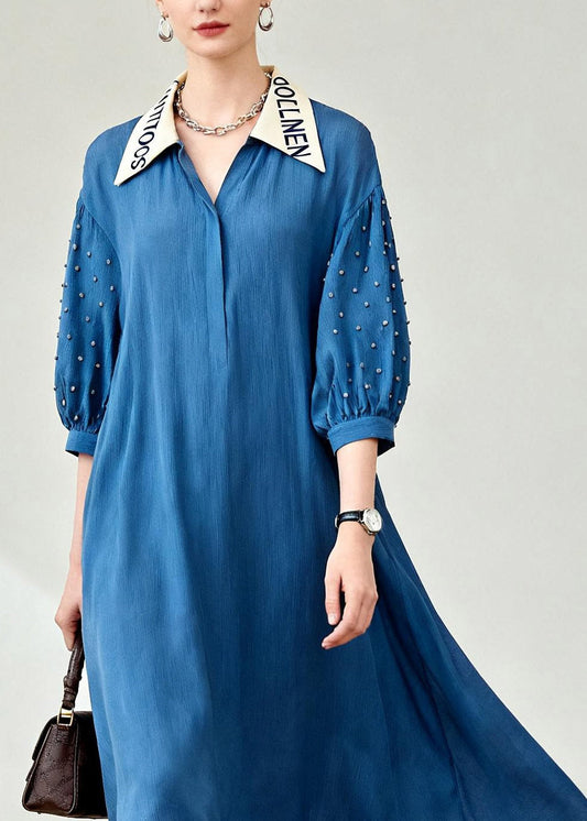 Plus Size Blue Peter Pan Collar Patchwork Long Dress Lanter Sleeve