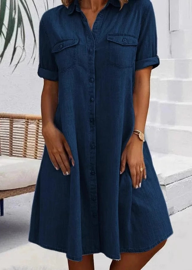 Plus Size Blue Peter Pan Collar Pockets Patchwork Denim Dresses Summer