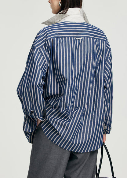 Plus Size Blue Striped Patchwork Button Top Long Sleeve