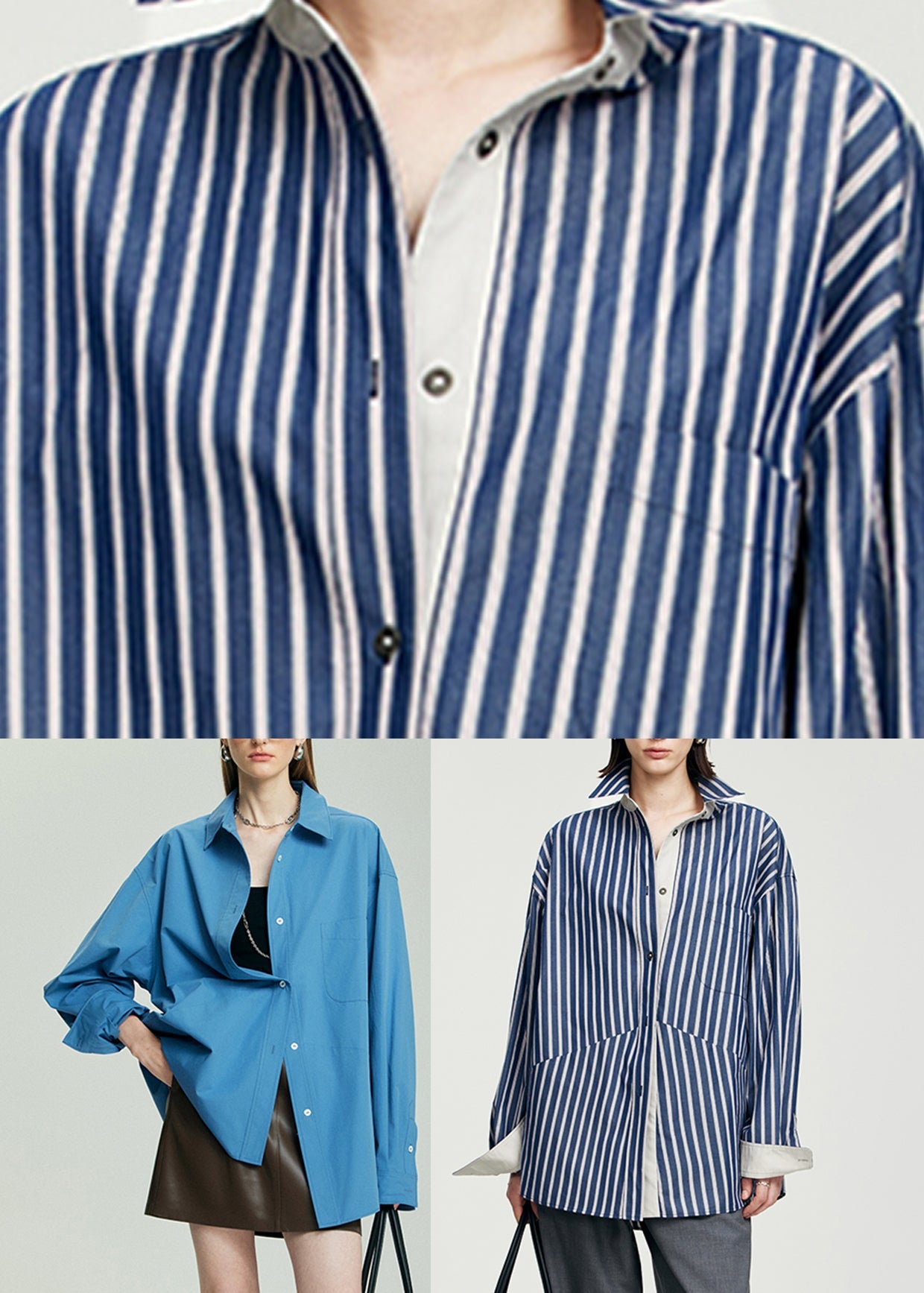Plus Size Blue Striped Patchwork Button Top Long Sleeve