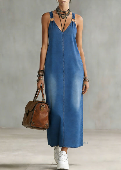 Plus Size Blue V Neck Patchwork Denim Maxi Spaghetti Strap Dress Sleeveless