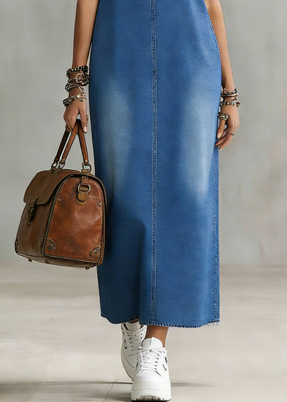 Plus Size Blue V Neck Patchwork Denim Maxi Spaghetti Strap Dress Sleeveless