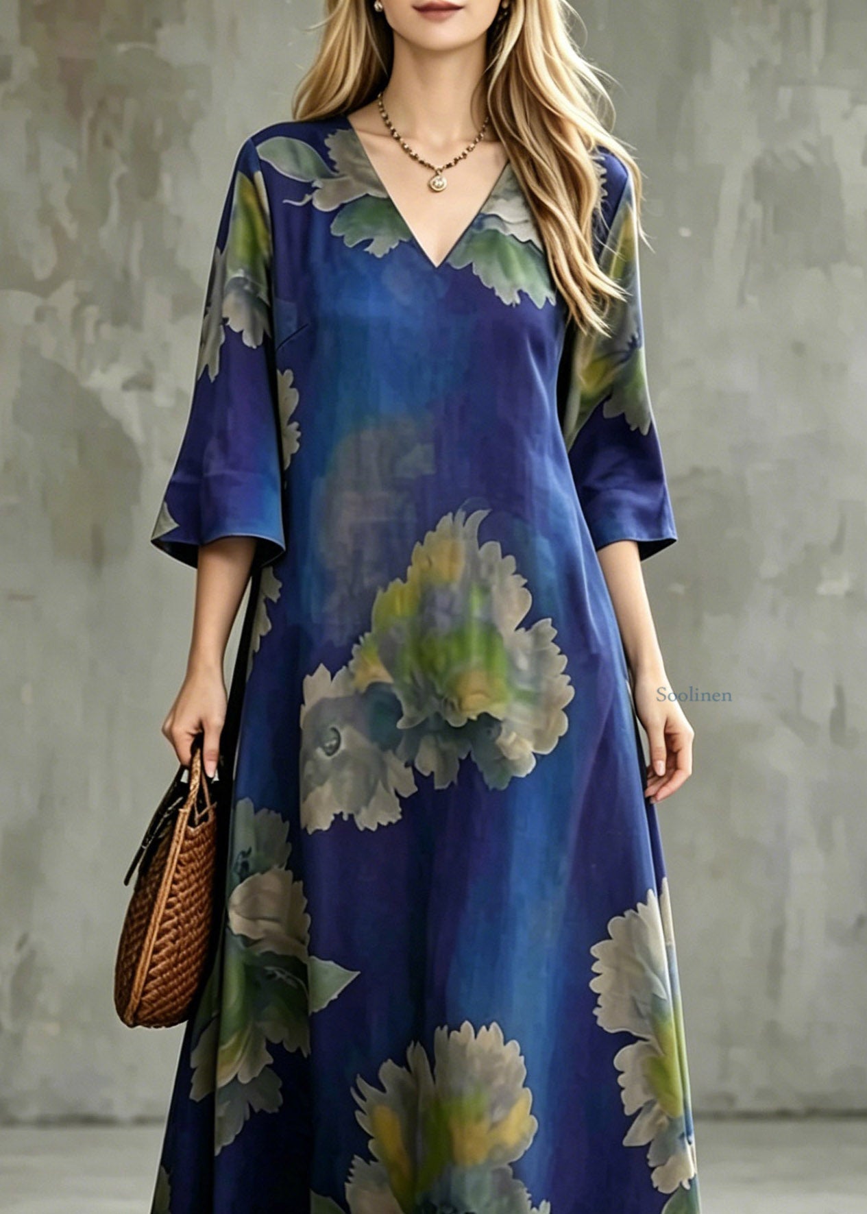 Plus Size Blue V Neck Patchwork Maxi Dress Half Sleeve
