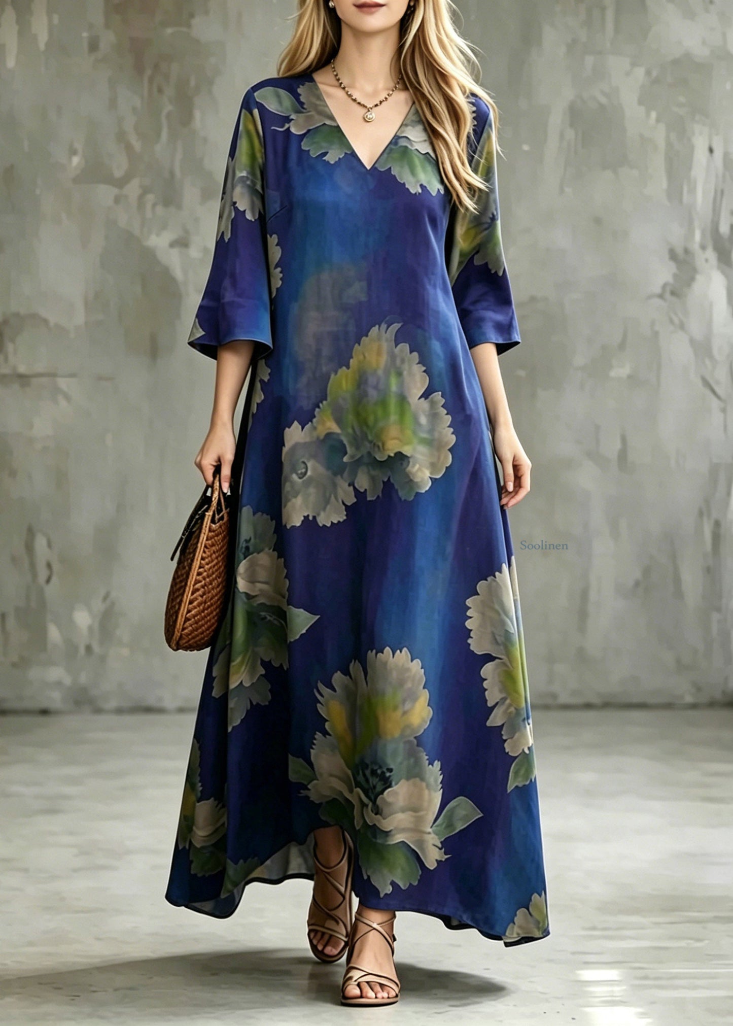 Plus Size Blue V Neck Patchwork Maxi Dress Half Sleeve