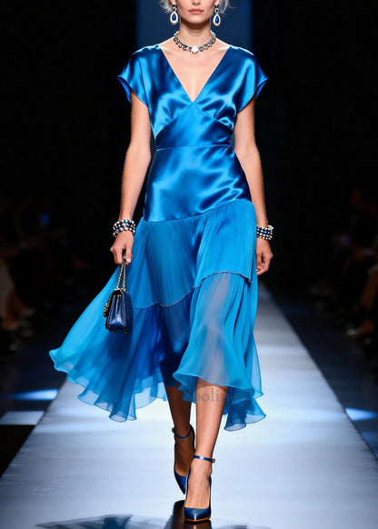 Plus Size Blue V Neck Patchwork Silk Day Dress Summer