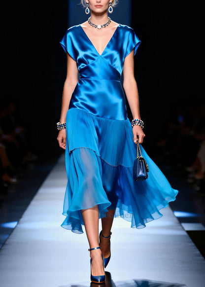 Plus Size Blue V Neck Patchwork Silk Day Dress Summer