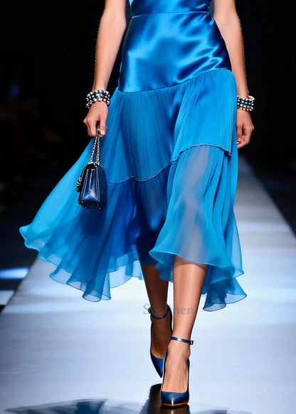 Plus Size Blue V Neck Patchwork Silk Day Dress Summer