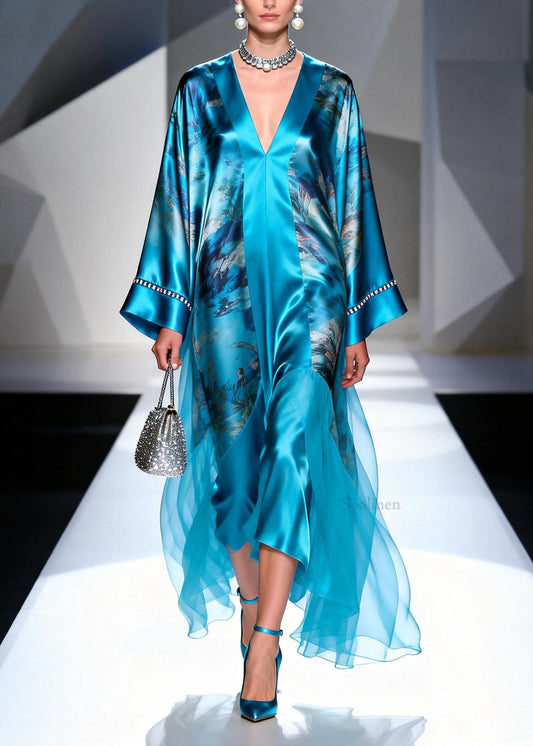 Plus Size Blue V Neck Print Zircon Silk Long Dress Spring
