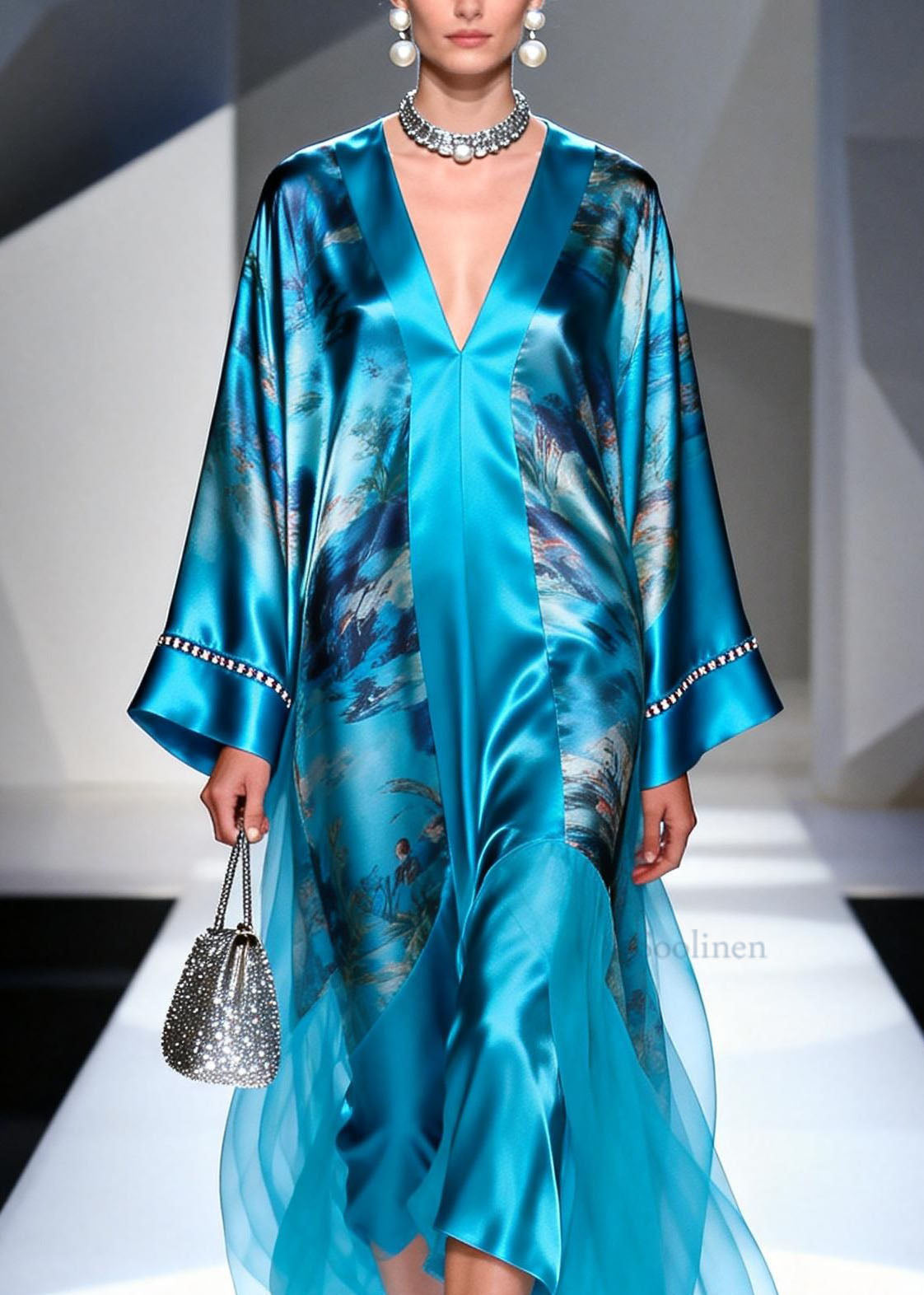 Plus Size Blue V Neck Print Zircon Silk Long Dress Spring