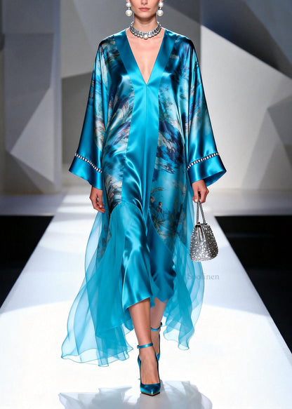 Plus Size Blue V Neck Print Zircon Silk Long Dress Spring