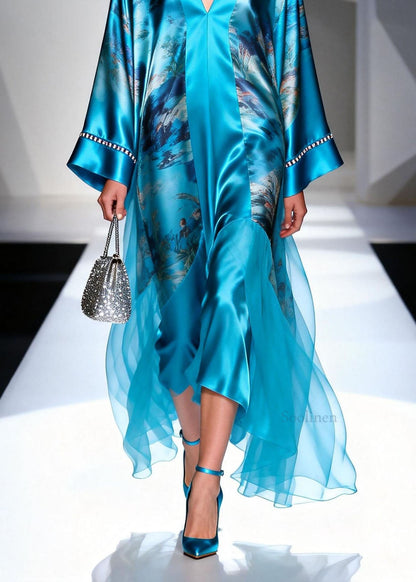 Plus Size Blue V Neck Print Zircon Silk Long Dress Spring