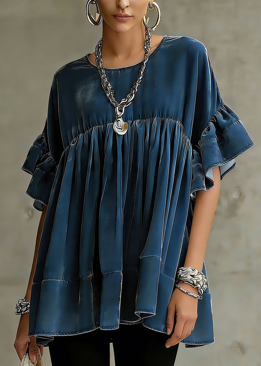 Plus Size Blue Wrinkled Patchwork Velour Short Dress Butterfly Sleeve
