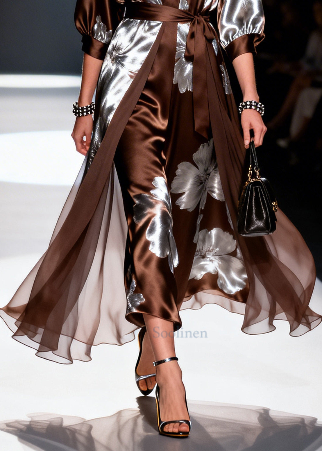 Plus Size Brown Jacquard Tie Waist Chiffon Vacation Dresses Two Piece Set
