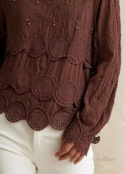 Plus Size Chocolate Casual Embroideried Hollow Out Fall Long sleeve Shirt Tops