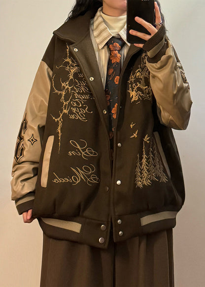 Plus Size Coffee Embroidered Faux Leather Patchwork Cotton Filled Parkas Winter