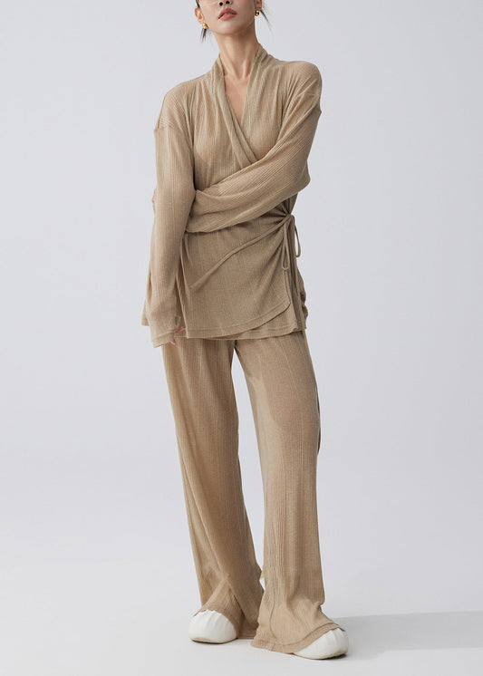 Plus Size Coffee Tie Waist Side Knit Two Pieces Set Summer