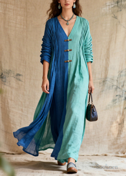 Plus Size Colorblock Asymmetrical Patchwork Chinese Button Cotton Vacation Dress Long Sleeve
