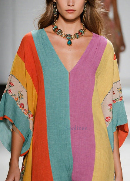 Plus Size Colorblock Asymmetrical Striped Cotton Dresses Summer