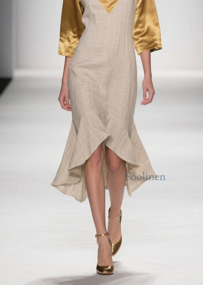 Plus Size Colorblock Ruffled Patchwork Linen Silk Dresses Summer