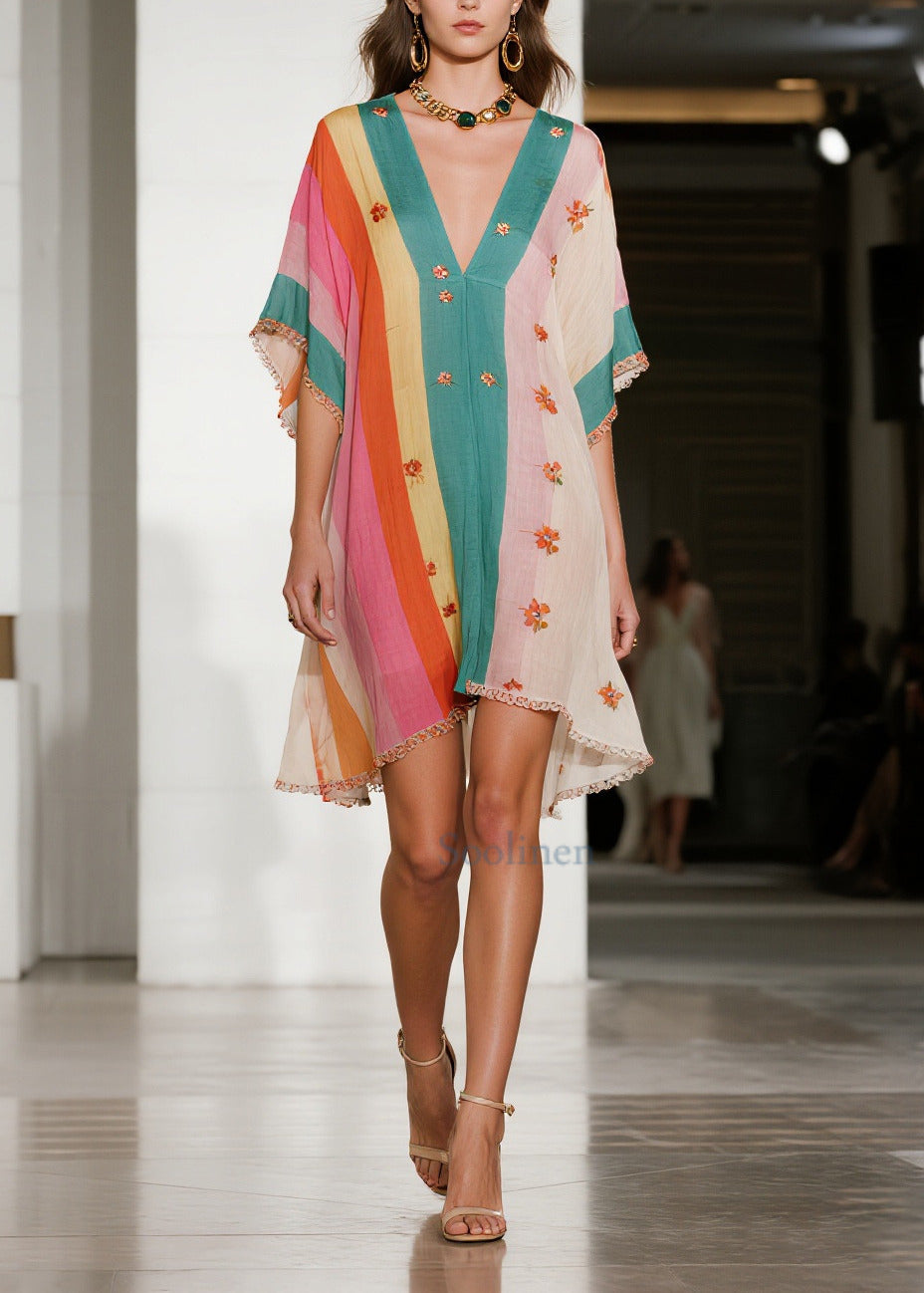 Plus Size Colorblock Ruffled Striped Cotton Mini Dress Summer