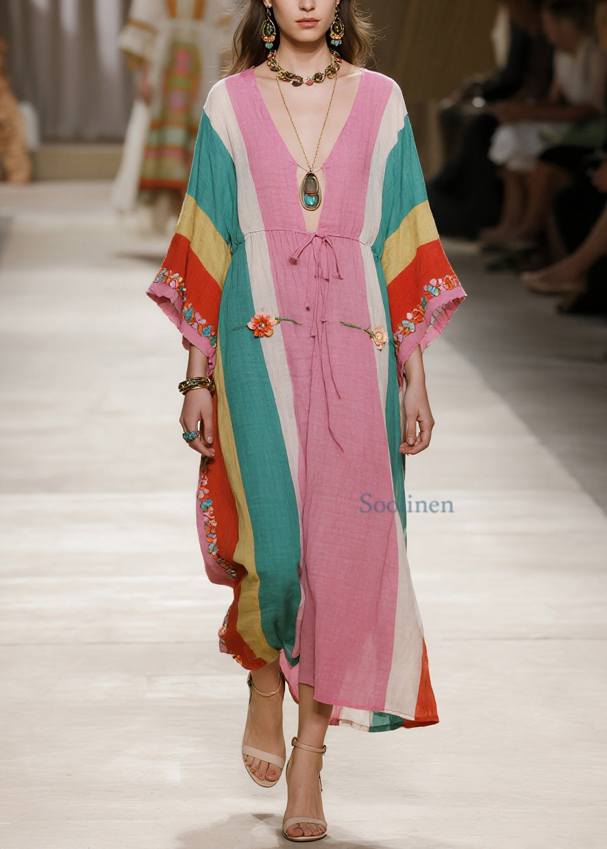 Plus Size Colorblock V Neck Floral Cotton Long Dresses Summer