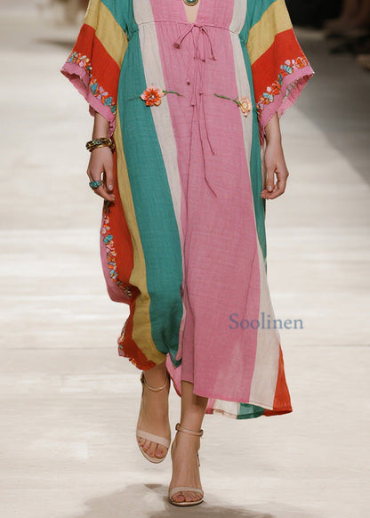 Plus Size Colorblock V Neck Floral Cotton Long Dresses Summer
