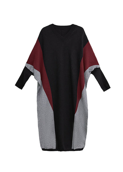 Plus Size Colorblock V Neck Patchwork Knitwear Dress Batwing Sleeve