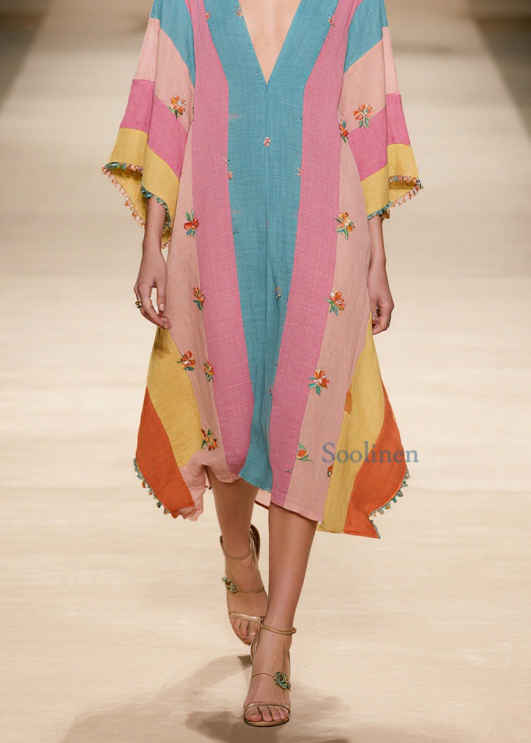 Plus Size Colorblock V Neck Print Cotton Dress Summer