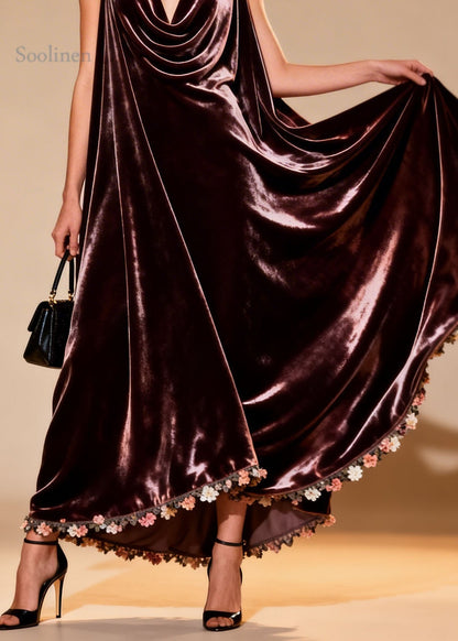 Plus Size Draped Neckline Floral Patchwork Velvet Dress Sleeveless