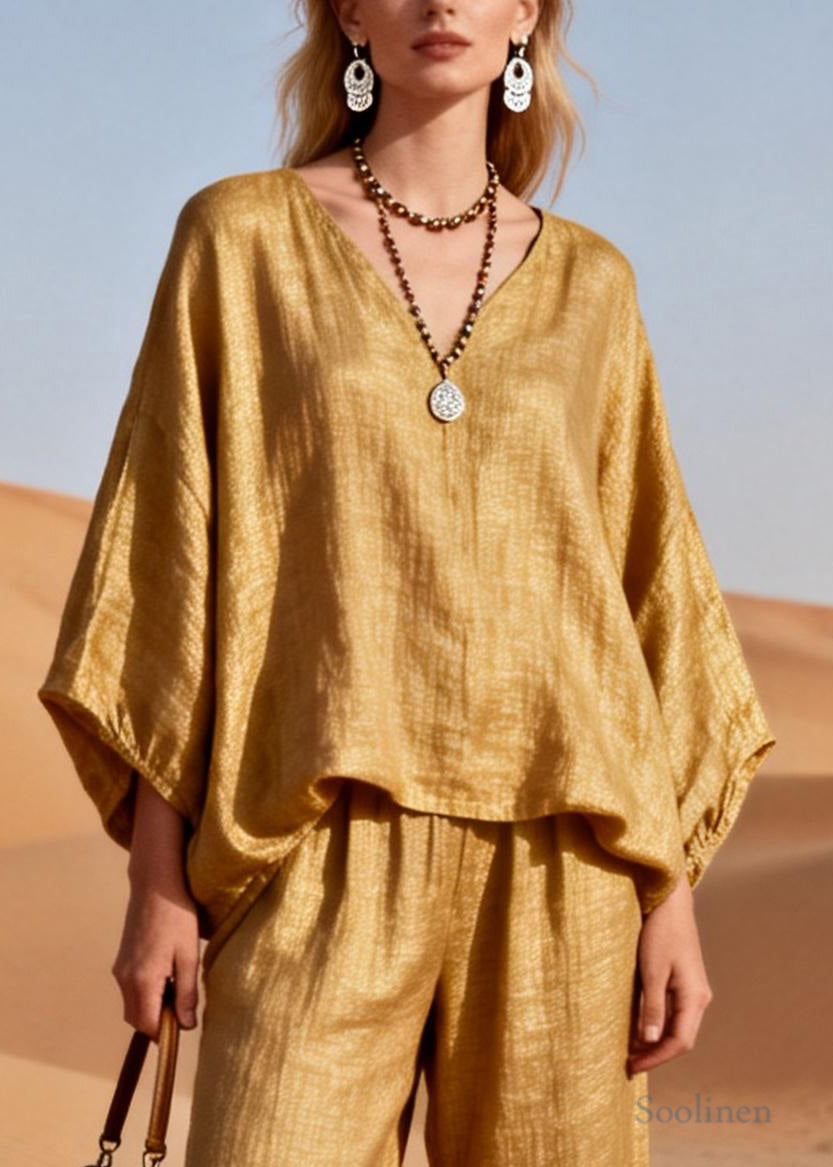 Plus Size Gold V Neck Sequins Patchwork Oversized Linen Two Piece Set Spring