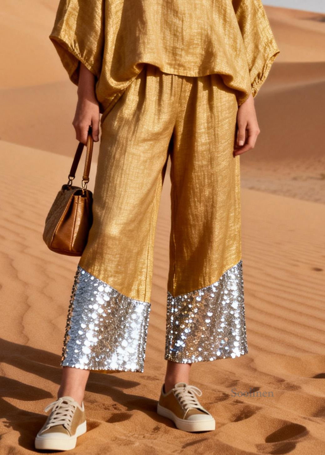 Plus Size Gold V Neck Sequins Patchwork Oversized Linen Two Piece Set Spring