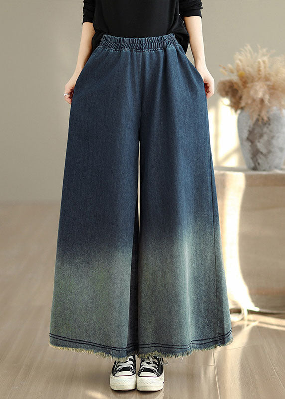 Plus Size Gradient Blue Pockets Denim Wide Leg Pants Spring