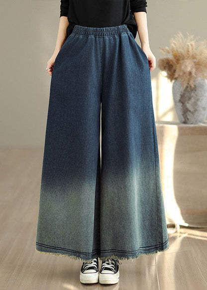 Plus Size Gradient Blue Pockets Denim Wide Leg Pants Spring