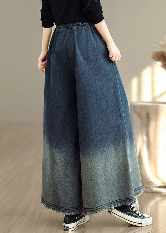 Plus Size Gradient Blue Pockets Denim Wide Leg Pants Spring