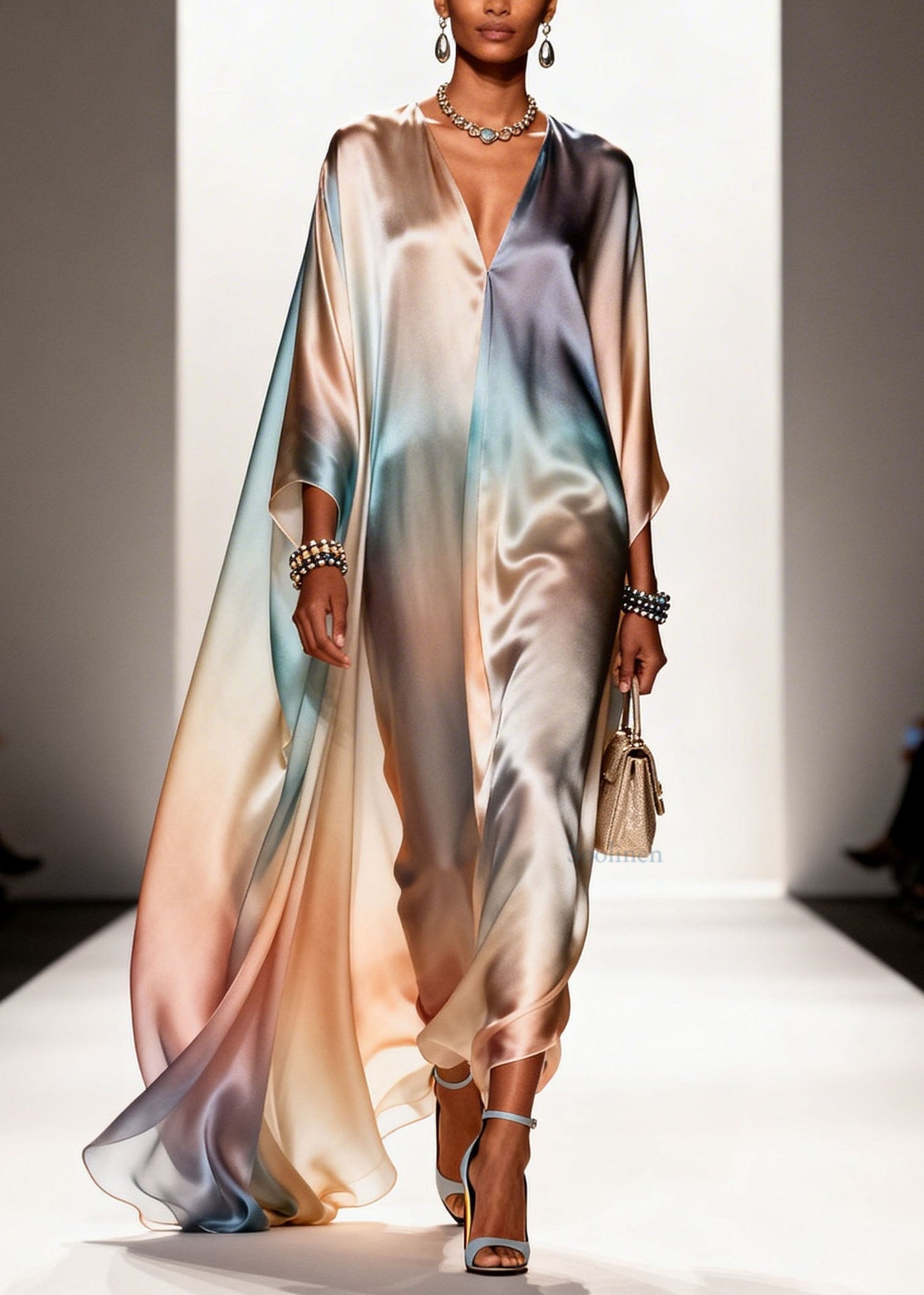 Plus Size Gradient Color V Neck Chiffon Long Dress Spring