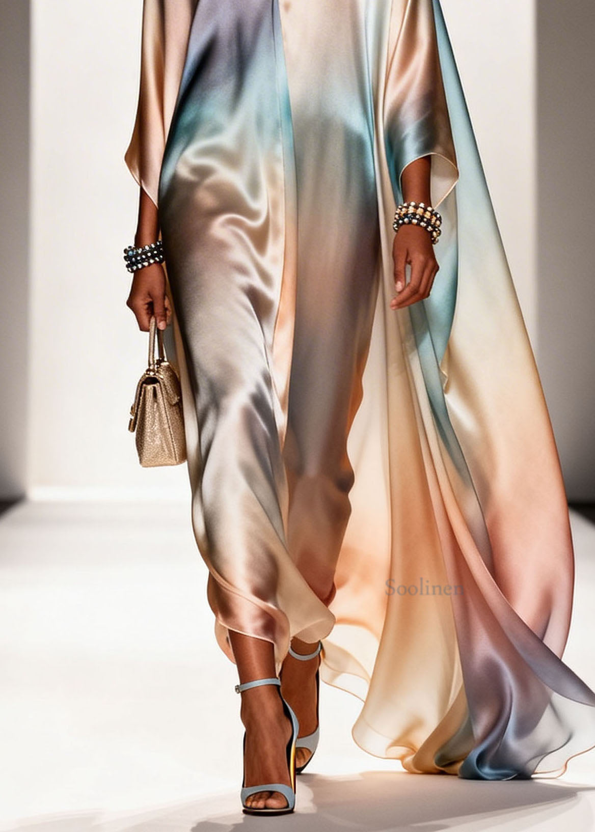 Plus Size Gradient Color V Neck Chiffon Long Dress Spring