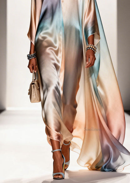 Plus Size Gradient Color V Neck Chiffon Long Dress Spring