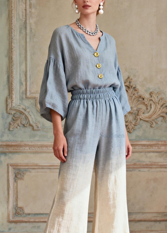 Plus Size Gradient Color V Neck Patchwork Linen Two Pieces Set Summer