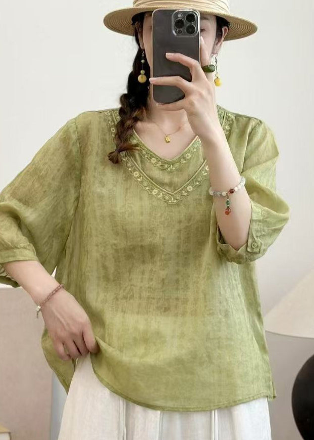 Plus Size Grass Green Embroidered Linen Top Half Sleeve