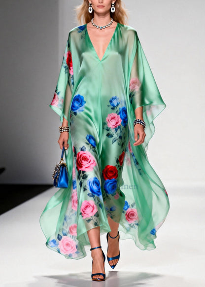 Plus Size Green Oversized Floral Print Chiffon Beach Dress Summer