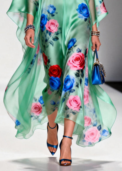 Plus Size Green Oversized Floral Print Chiffon Beach Dress Summer