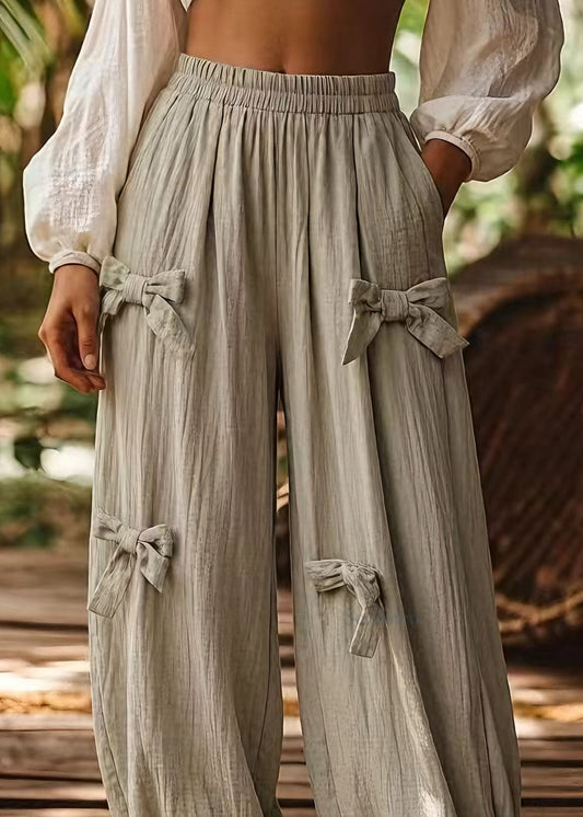 Plus Size Green Pockets Bow Elastic Waist Cotton Pants Summer